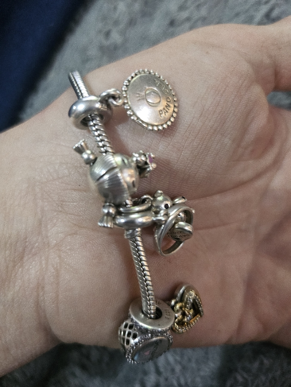 Pandora Sterling Silver Floral Round Snake Charm Bracelet Bead With 9 Charms